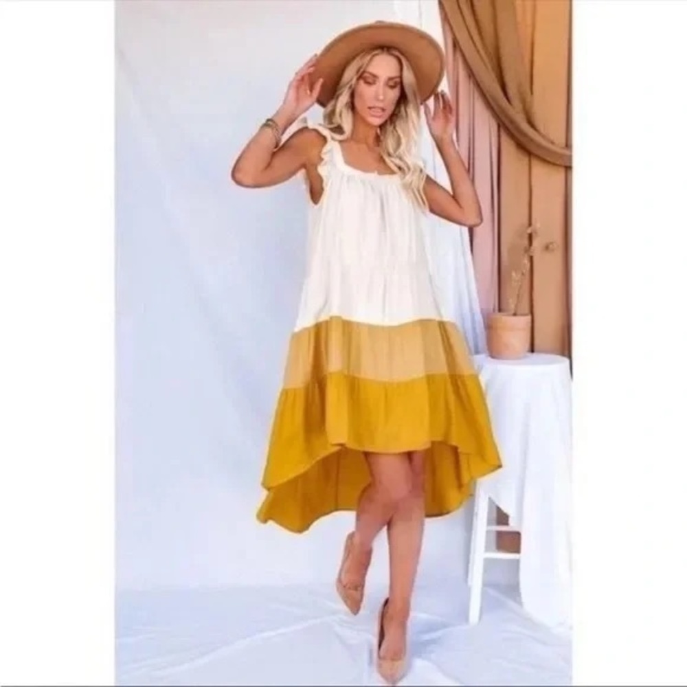 Moodie Beige and Yellow High Low Dress